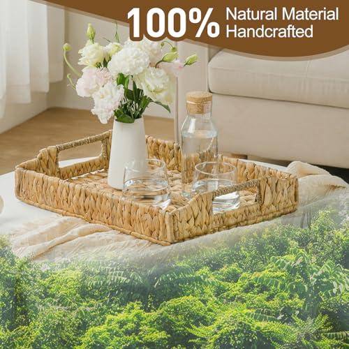 Rectangle Wicker Scalloped Serving Tray with Handles - Seagrass Handwoven Trays,Water Hyacinth Tray for Home Decor and Living Room, Dining Table, Bathroom Organizing, 17.3" L x 13.4" W x 3.6" H - color: Water Hyacinth-rectangle, size: 17.3" x 13.4" x 3.6"