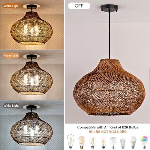 18.9IN Boho Rattan Chandelier 3-Lights Hand-Woven Rattan Pendant Light Farmhouse Wicker Dining Room Light Hanging Bamboo Pendant Light Fixture for Kitchen Island Living Room Hallway Reataurant - color: Brown-A