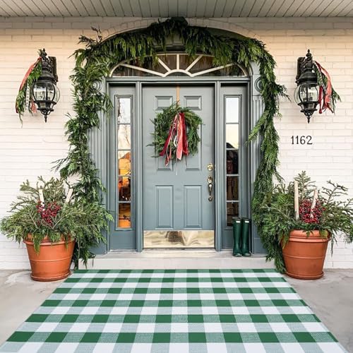 Green & White Christmas Plaid Rug, 4' x 6' Check Indoor/Outdoor Area Rug, Hello/Welcome Door Mat Layering Rug, Machine Washable Cotton Woven Rugs for Farmhouse Front Porch, Entryway - color: Green and White Plaid, size: 4' x 6' (Rectangular)