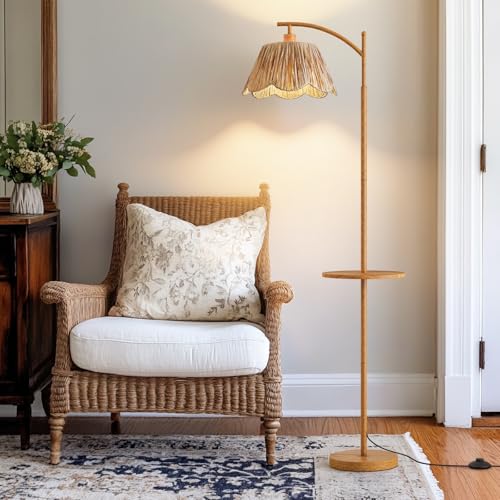 Oneach 63.5" Floor Lamp with Table for Living Room, Boho Rattan Standing Lamps with Foot Switch, Farmhouse Floor Lamp for Bedroom, Arc Tall Lamp with Metal Base&Pole, Bulb not Included, Woodgrain - color: Woodgrain