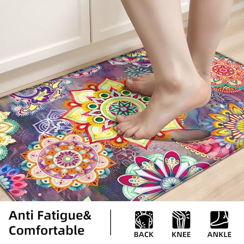 Boho Red Floral Kitchen Rugs Mats for Floor 2 Piece Memory Foam Padded Kitchen Mats Anti Fatigue Non Slip Cushioned Comfort Standing Mat, 17.3x28+17.3x47 Inch - color: Boho Red, size: 17.3"x28"+17.3"x47"-0.40Th[2PCS]