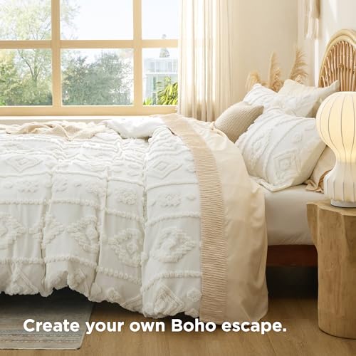 Bedsure Boho Duvet Cover Queen Size - Tufted Boho Bedding, Farmhouse-Style Distressed Vintage Embroidery Bedding for All Seasons, 3 Pieces, 1 Soft Jacquard Queen Comforter Cover and 2 Pillow Shams - color: 09 - White Tufted (No Comforter), size: Queen (90