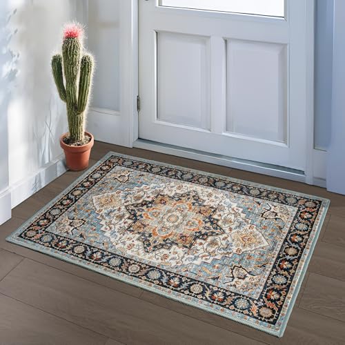 Foxmas Small Rugs for Entryway 2x3 Feet, Non-Slip Doormat Indoor Entrance Vintage Washable Area Rug, Low Pile Throw Rugs for Entryway Bedroom Kitchen Living Room, Wood & Blue - color: Wood & Blue, size: 2' X 3' (Rectangular)