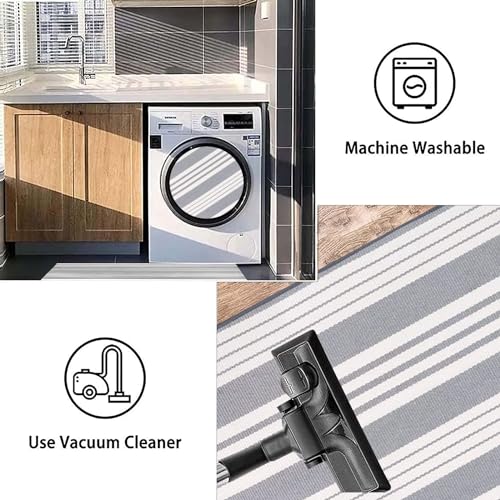 Grey and White Striped Doormat 24'' x 35'' Front Porch Rug Machine Washable Indoor Outdoor Doormat for Front Porch Hand-Woven Entryway Rug for Laundry/Bathroom/Bedroom - color: Grey White, size: 2' x 3' (Rectangular)