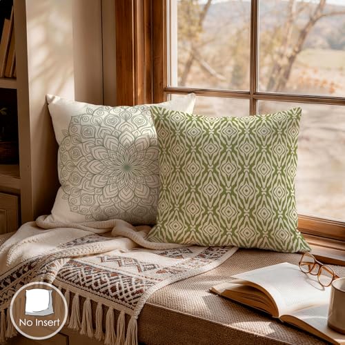OBSEDE Sage Green Boho Decorative Throw Pillow Covers 18x18 Set of 4 Faux Linen Cushion Cases Single-Sided Print Light Green Mandala Accent Pillows for Couch Sofa - color: Sage Green Boho