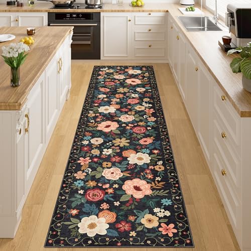 DUKINO 2x8 Runner Rug for Hallway, Washable Kitchen Runner Rug with Rubber Backing Non Slip, Low Pile Soft Boho Floral Thin Carpet for Entryway, Hallway, Bathroom, Laundry Room, Black - color: Black, size: 2' x 8' (Rectangular)