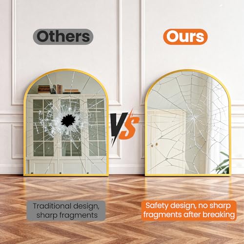 Sweetcrispy 31"x32" Arched Gold Bathroom Mirrors for Wall, Bathroom Mirrors for Over Sink, Metal Framed with HD Shatter-Proof Glass for Entryway, Living Room, Bedroom - color: Gold, size: 31"L x 32"W