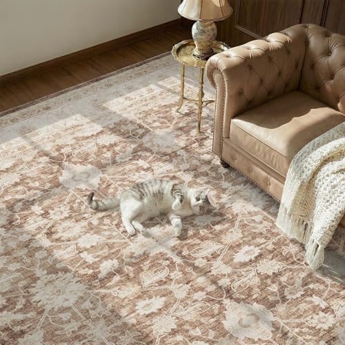 jinchan 8x10 Washable Vintage Area Rug, Distressed Traditional Floral Living Room Rug, Soft Low-Pile Non-Slip Indoor Retro Carpet for Bedroom Dining Room Home Office Decor, Taupe - color: Oriental Taupe, size: 8' x 10' (Rectangular)