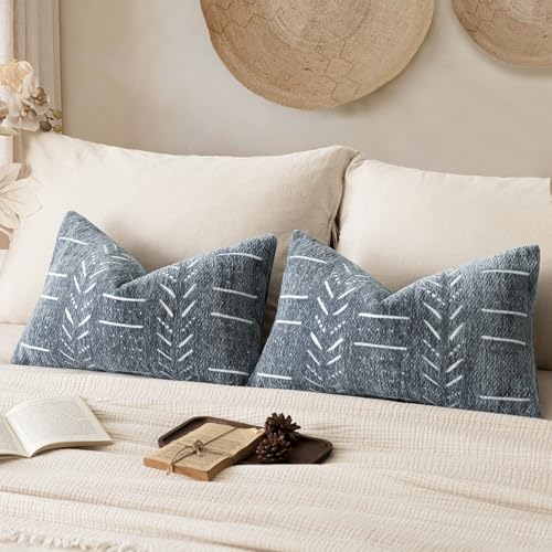 Home Décor Decorative Boho Chenille Throw Pillow Covers,Neutral Lumbar Cushion Covers,Textured Soft Farmhouse Pillowcase for Couch Sofa Chair Bed Living Room,12×20 Inch, Set of 2, Dusty Blue - color: Dusty Blue, size: 20" x 12" (Pack of 2)
