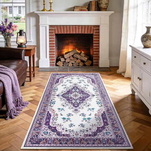 HOMORE Vintage Runner Rug-2x4 Hallway Runner Rug for Entryway Non Slip Washable Bedroom Rug Faux Wool Lavender Floor Carpet Runner for Kitchen Indoor Front Entrance Laundry Living Room Dorm, Purple - color: Purple, size: 2' x 4' (Rectangular)