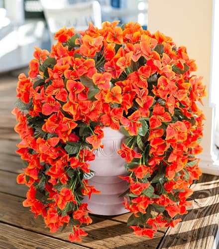 Artificial Bougainvillea Faux Flowers Plants for Outdoors Outside Fall Autumn Decor, 2 PCS Silk Trailing Vines UV Resistant Realistic Orange Fake Flowers for Planter Front Door Porch Patio Balcony - color: Orange