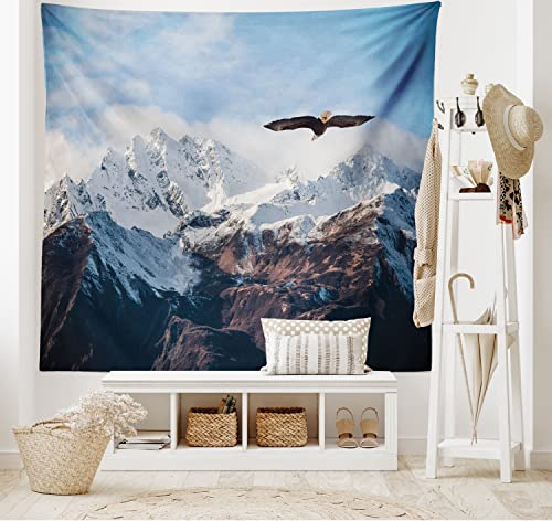 Ambesonne Mountain Tapestry, Frozen Peaks Tops of the Mountain with a Flying Eagle Free in Nature Photo, Wide Wall Hanging for Bedroom Living Room Dorm, 60" X 40", Brown White Blue - color: White Brown, size: 60"L x 40"W