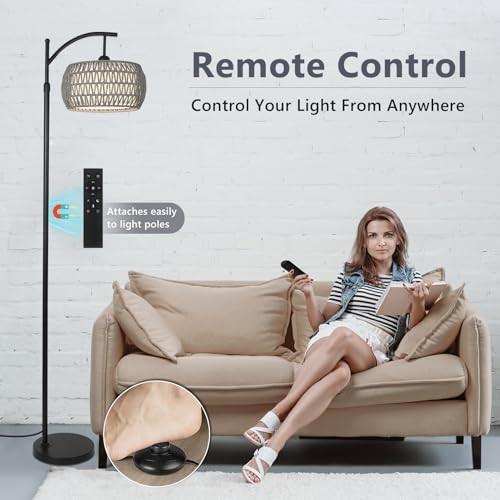 Arc Floor Lamp for Bedroom, Boho Standing Lamp with Remote & LED Smart Bulb, Rattan Floor Lamps for Living Room with 3 Color Temperatures, Height Adjustable Corner Tall Lamp, Stand up Light for Office - style: Bohemian-Grey