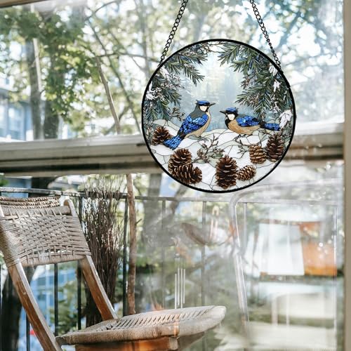 Stained Glass Window Hanging - Blue Bird Winter Forest Landscape Suncatcher for Door Garden Yard Sun Catchers Decor Christmas Mother's Day Birthday Gifts for Women Mom Nana Friend 7.8 in - color: Blue White and Brown, size: 7.8x7.8 IN
