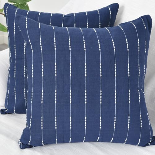 Navy Blue Pillow Cases 20 x 20 inches/Cotton Woven Stripe Pattern Contemporary Luxury Cushion Covers/Simple Throw Modern Pillow Covers for Living Room Sofa, Couch, Bed, Set of 2 - color: Blue, size: 20" x 20" (Pack of 2)