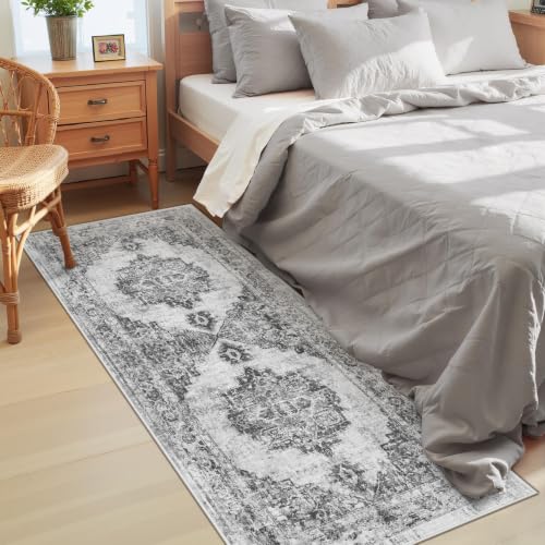 Area Rug 2x6 Runner Rugs: Washable Vintage Hallway Rug Indoor Medallion Rugs Low Pile Distressed Floor Carpet Retro Accent Rug for Kitchen Bedroom Bathroom Dining Room(Black, 2'x6') - color: Black, size: 2' x 6' (Rectangular)