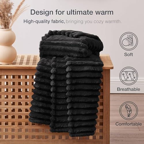 EXQ Home King Size Blanket for Bed or Couch - 3D Stripe Jacquard Decorative Fleece Blankets - Cozy Soft Lightweight Fuzzy Flannel Blanket Suitable for All Seasons(90"×108",Black) - color: Black, size: King