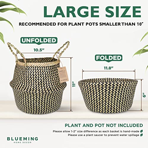 Blueming Home Wicker Plant Basket – Large Seagrass Floor Pot for Faux Olive Tree or Snake Plant, Black Decorative Woven Indoor Planter for 9-10 Inch (Black, Large) - color: Black, size: Large