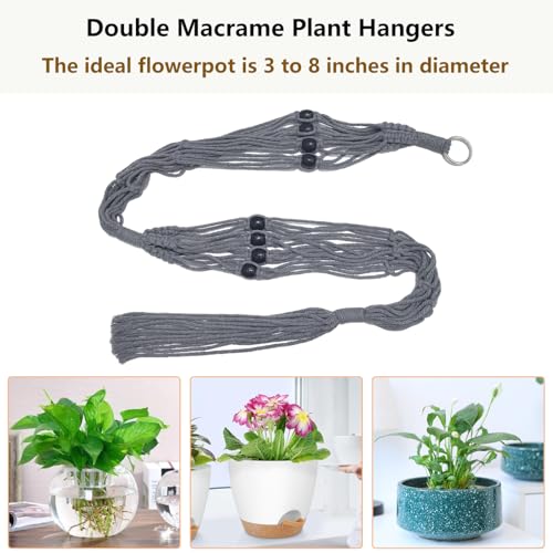 Belit 2 Pack Double Macrame Plant Hangers 2 Tier Hanging Planter Basket Decorative Flower Pot Holder Rope for Indoor Outdoor Home Decor 51 Inch, Grey - color: Gray, size: 51"- 2 Tier