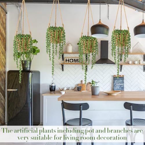 Giegxin Summer Mini Hanging Artificial Plant with Woven Basket Boho Fake Plants Ivy Faux Vines Eucalyptus Leaf for Indoor Home Wall Shelf Decor(6 Set,Green,Hanging Plant Basket) - size: Hanging Plant Basket