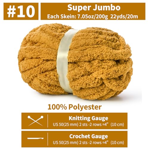 10 Pack Jumbo Chenille Yarn for Crocheting, #10 Super Bulky Baby Soft Yarn for Hand Knitting, 220 yds /70.5 oz Fluffy Chunky Knit Throw Blanket Yarn (Turmeric) - color: Turmeric