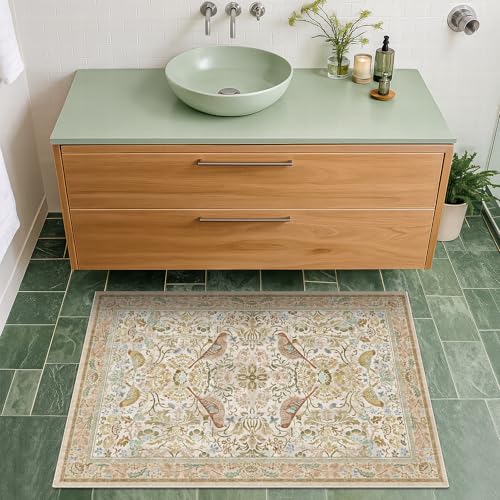 Beige Boho Bathroom Rugs 2x3 Washable Non Slip - Soft Low Pile Small Throw Rug for Entryway, Kitchen, Powder Room - Unique Farmhouse Bird & Pattern Botanical Decorative Door Mats - color: Beige, size: 2' x 3' (Rectangular)