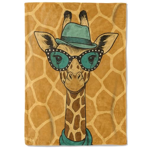 Hipster Giraffe Fleece Blanket,50x60in,Funny Animal Illustration Glasses and Hat Throw Blankets,Soft Cozy Lightweight, Ideal for Whimsical Bed Living Room Home Decor,Gifts - color: Giraffe, size: 50x60 Inch