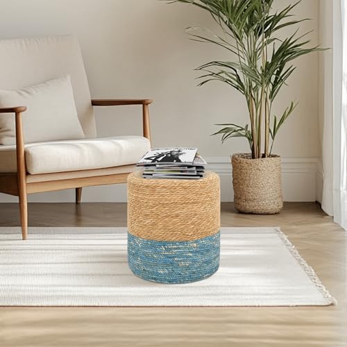 16'' Round Ottoman Natural Seagrass Braided Poof Hand Weaving Round Ottomans Boho Footrest Stool for Home Living Room Bedroom Patio(Natural&Blue)