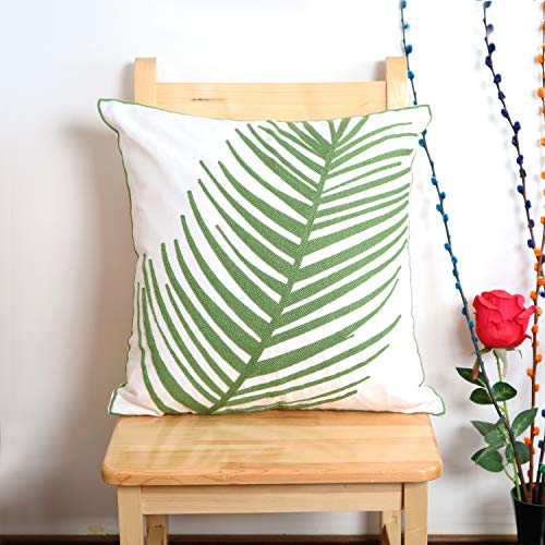 Embroidery Throw Pillow Cover 18x18 Decor Tropical Leaves Floor Pillow Cover for Couch Chair Bed Room 100% Cotton Cushion Cover 45x45cm Pillowcase, Green Leaf Plant Embroidered, Pack of 4 - color: Leaf Set 4