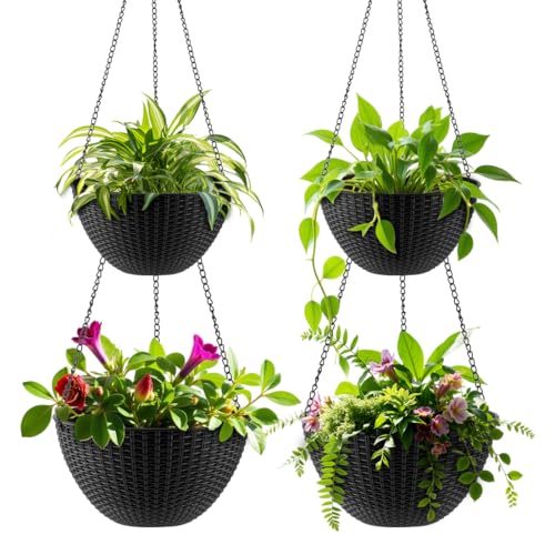 RooTrimmer Hanging Planters for Indoor Outdoor Plants 8 and 10 Inch, 4 Packs Hanging Flower Pot with Drainage Holes, Self-Watering Hanging Basket Perfect for Home, Office and Garden, Black - color: Black, size: 2p*8"+2p*10"