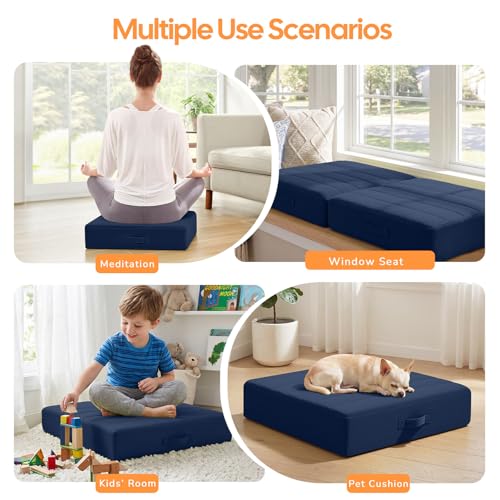 MeMoreCool Square Floor Pillows for Adults Kids, 2 Sets Large Meditation Cushion with 5" Thick Foam and Washable Tufted Cover, 24 Inch Navy Seat Floor Cushions for Sitting and Yoga - color: Navy Blue, size: 24 Inch