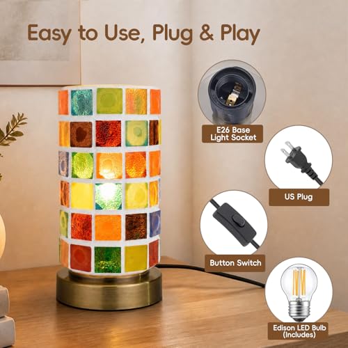 Mosaic Stained Glass Table Lamp for Bedroom Bedside, Bohemian Turkish Small Nightstand Lamp Night Light, Metal Base Round Colored Glass Shade Desk Lamp for Living Room Restaurant Bar (Bulb Included) - color: Mosaic