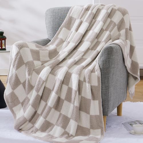 WRENSONGE Checkered Throw Blanket, Taupe Soft Cozy Fluffy Warm Throw Blankets for Couch, Sofa, Chair, Bed, Camping, Picnic, Office,Travel Lightweight Bed Blanket - 50"*60" - color: Art Taupe, size: Throw (50"x 60")
