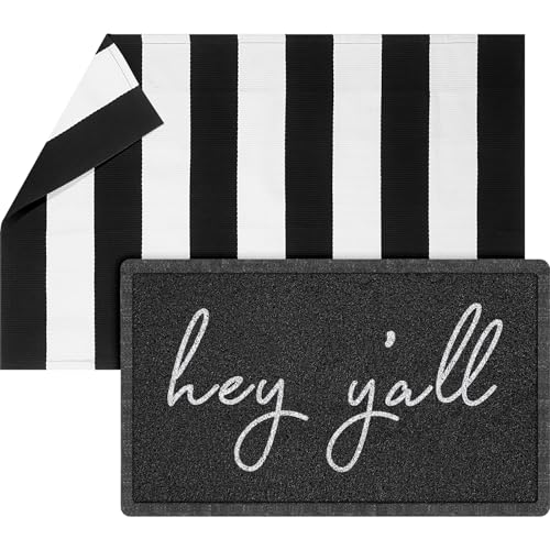 Geelin 2 Pcs 30'' x 18'' Doormat 43'' x 27.5'' Black and White Layered Rug for Front Door Mat Outside Entrance Welcome Door Mats for Indoor Outdoor Entryway Porch Decor (Stripe Hey Y'all) - style: Stripe Hey Y'all