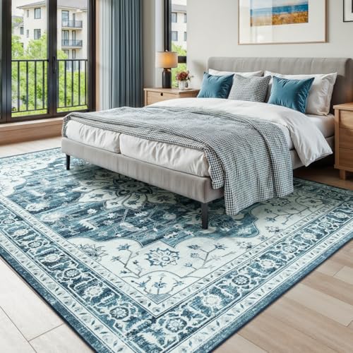 6x9 Coastal Blue White Area Rugs for Living Room - Vintage Boho Medallion Aesthetic Distressed Washable Rug, Soft Non-Slip Backing Low Pile Carpet for Office, Lounge, Bedroom Foot of Bed - color: Coastal Blue White, size: 6' x 9' (Rectangular)