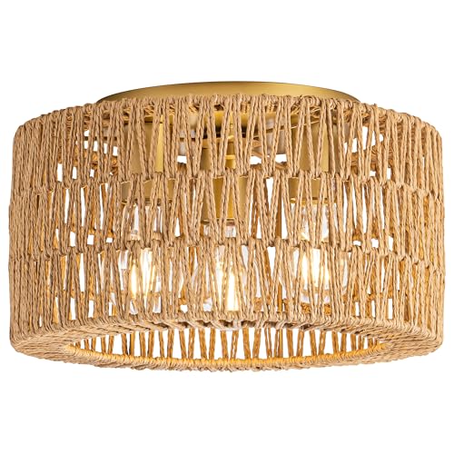 Rattan Ceiling Light Fixture, 3 Light Bohemian Modern Woven Ceiling Light, Boho Flush Mount Ceiling Light for Bedroom Living Room Dining Room, Bulb NOT Included - color: Gold, size: 3-Light-Round