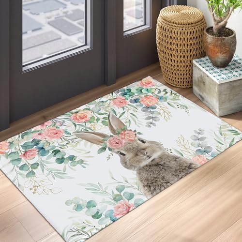 Easter Rabbit Area Rug 2x3 Spring Easter Bunny Eucalyptus Leaf Floral Indoor Outdoor Non-Slip Low Pile Front Door Mat Small Entry Throw Carpet for Living Room Bedroom Holiday Decor - color: Easter Rabbit