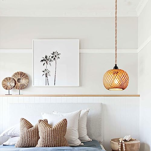 Boho Plug in Pendant Light Wicker Rattan Hanging Lights with 15ft Hemp Rope Cord MINI Bamboo Lampshade Wall Lighting Fixture Swag Lamp for Kitchen Island Farmhouse Living Dining Room Bedroom