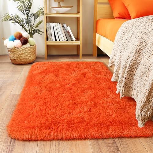 2x3 Small Rugs for Bedroom, Soft Fluffy Shaggy Bedside Area Rugs for Living Room, Indoor Floor Carpet for Kids Girls and Boys, Nursery Rooms, Home Decor Aesthetic, Orange - color: Orange, size: 2' x 3' (Rectangular)