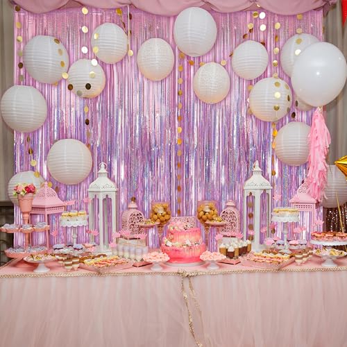 Crosize 2 Pack 3.3 x 9.9 ft Laser Pink Foil Fringe Backdrop Curtain, Streamer Backdrop Curtains, Streamers Birthday Party Decorations, Tinsel Curtain for Valentine‘s Day Parties, Galentines Decor - color: Iridescent Pinkish, size: 2 Pack