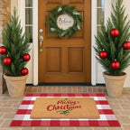 Christmas Door Mat Combo Set - 100% Coco Coir Welcome Mat + 28 x 43 Inch Red and White Plaid Rug, New Year Holiday Christmas Collection Doormat for Front Porch Entryway Decorative