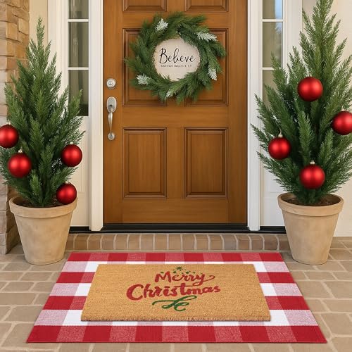 Christmas Door Mat Combo Set - 100% Coco Coir Welcome Mat + 28 x 43 Inch Red and White Plaid Rug, New Year Holiday Christmas Collection Doormat for Front Porch Entryway Decorative