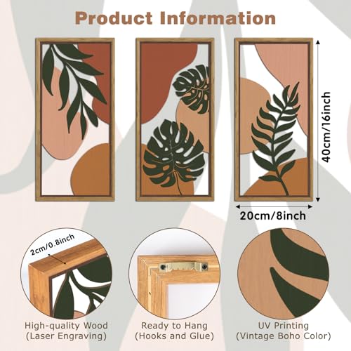 KAIRNE Boho Tropical Wooden Wall Art Set,Botanical Palm Leaf Wood Decor,Farmhouse Geometric Hanging Decor Set of 3(8X16),Framed Minimalist Nature Bohemian Wood Art For Living Room Bedroom Office Decoration, - color: Abstract Botanical Wooden Wall Art, siz