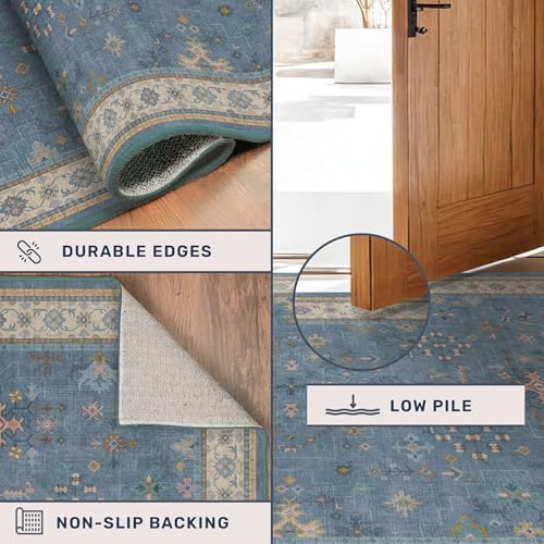 Blue 2x3 Washable Rug for Entryway Indoor, Kitchen Floor Waterproof, Bathroom, Powder Room, Non Slip Low Pile Stain & Fade Resistant, Modern Eclectic Floral Decor - color: Dusty Blue, size: 2' x 3' (Rectangular)