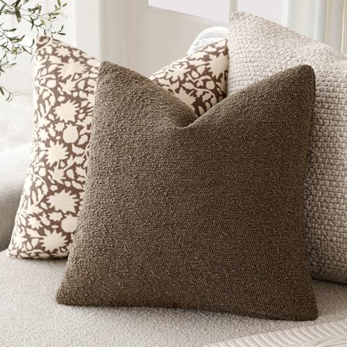 Foindtower Set of 2, Decorative Textured Boucle Throw Pillow Covers Accent Solid Pillow Cases Neutral Soft Couch Cushion Case for Chair Sofa Bedroom Living Room Home Decor 16x16 Inch Chocolate - color: Chocolate, size: 16" x 16" (Pack of 2)