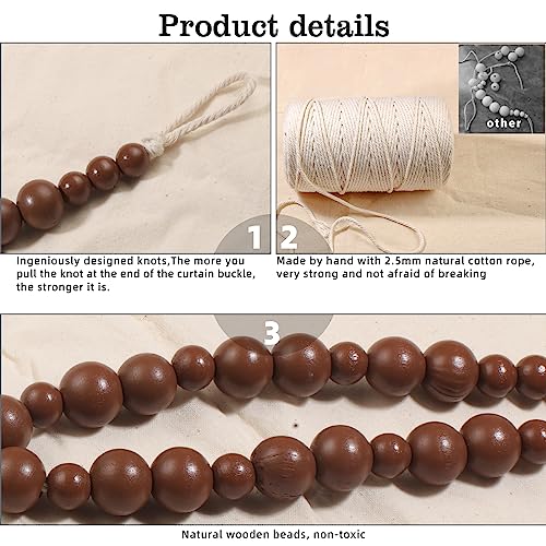 Hion 2 Pcs Boho Curtain Tiebacks,Wood Beads Curtain Holdbacks,Outdoor Farmhouse Tie Backs for Curtains,Curtain Holders for Drapes Home Office Room Decor with Hooks No Drilling(Coffee) - color: Coffee, size: 2 Pack