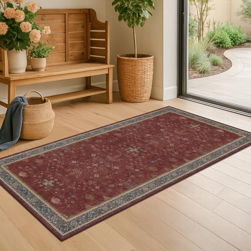Hazo Haus Burgundy 2x4 Washable Entry Rug for Inside House, Kitchen Floor, Thin Door Mats for Inside Entry, Washable Non Slip Low Pile Stain & Fade Resistant, Modern Eclectic Floral Decor - color: Burgundy, size: 2' x 4' (Rectangular)