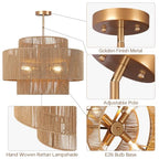24'' Boho Rattan Chandelier, 4-Light Hand-Woven Wicker Pendant Lamp, Rustic Modern Ceiling Light Fixture for Dining Room, Kitchen Island, Living Room, Bedroom, Foyer, Entryway, Over Table - color: Brown A