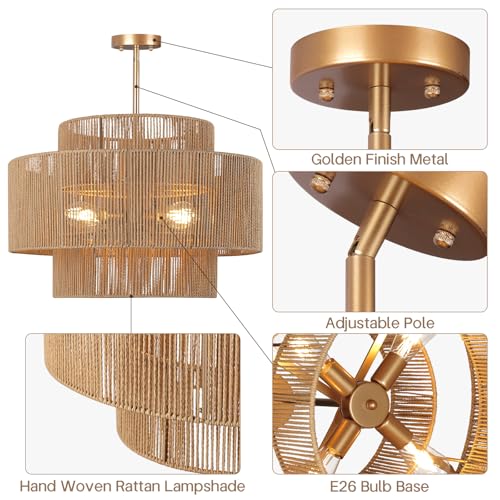 24'' Boho Rattan Chandelier, 4-Light Hand-Woven Wicker Pendant Lamp, Rustic Modern Ceiling Light Fixture for Dining Room, Kitchen Island, Living Room, Bedroom, Foyer, Entryway, Over Table - color: Brown A