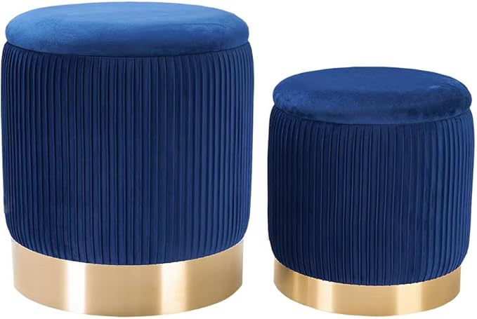Velvet Round Ottoman Storage Set of 2 - Blue Velvet Stool for Living Room and Bedroom, Gold Ottoman with Storage, Accent Chair, Modern
